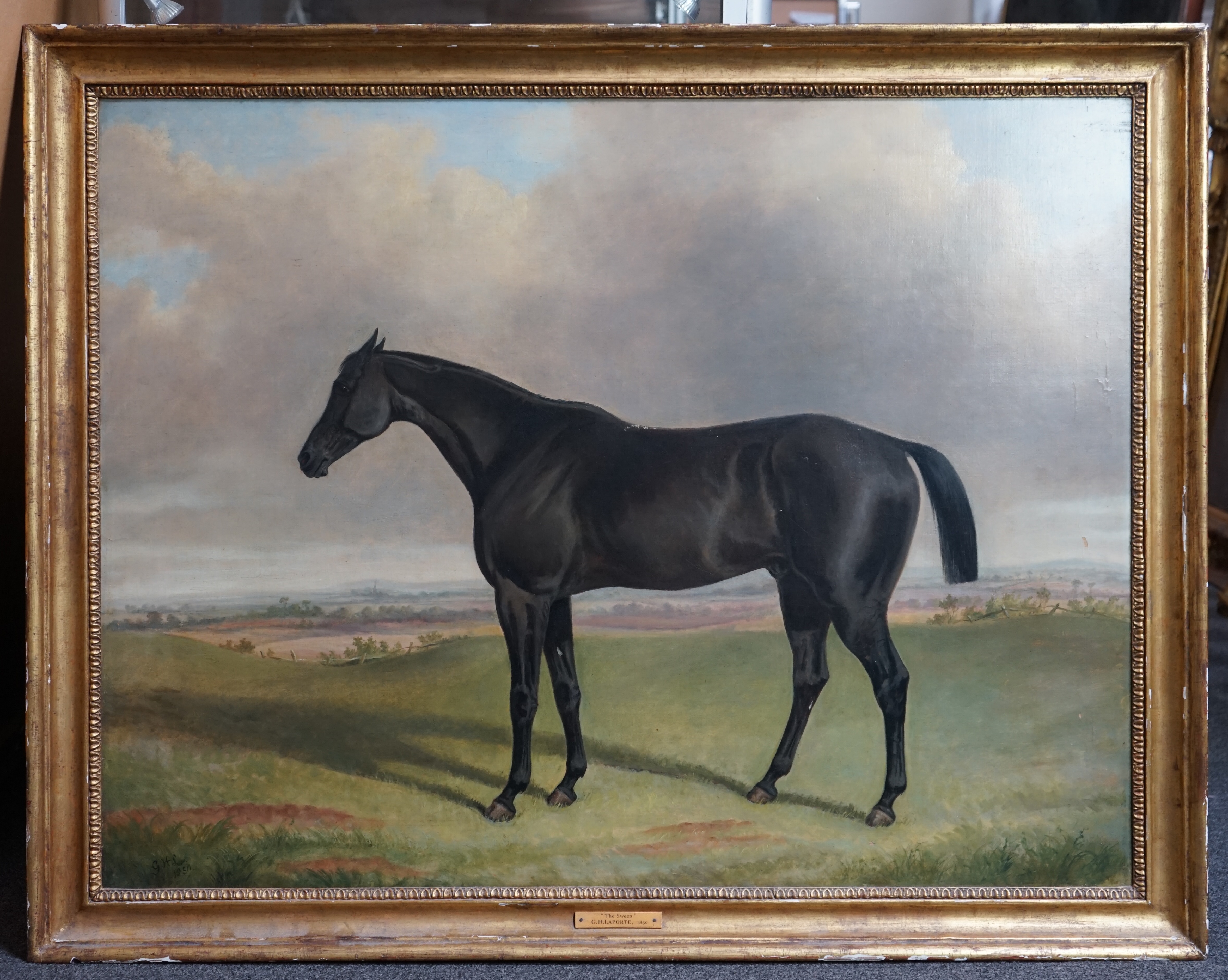 George Henry Laporte (English, 1799-1873), 'The Sweep', portrait of a black horse in a landscape, oil on canvas, 70 x 91cm